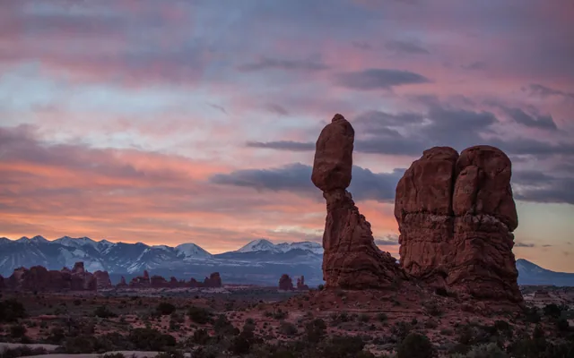Balanced Rock beneath a pastel sky